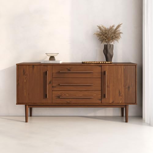 IDIMEX Buffet TECCA L 145 cm 2 Portes 3 Tiroirs en Bois Massif Coloris Châtaignier avec Étagères Réglables, Rangement Salon Vaisselier Bahut en Bois