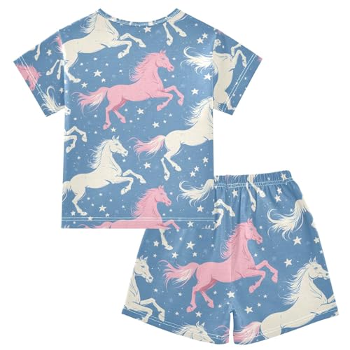 ALAZA Horse Star Blue Pajamas Set Short Sleeve Cotton Sleepwear Summer Pjs 2 Piece 5-14Y2