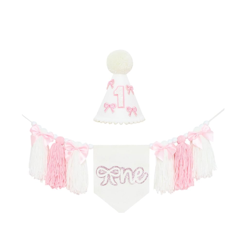 1st Birthday Bowknot High Chair Banner with Hat Tassel Decoration for Girls' First Birthday Celebration (Pink & White)