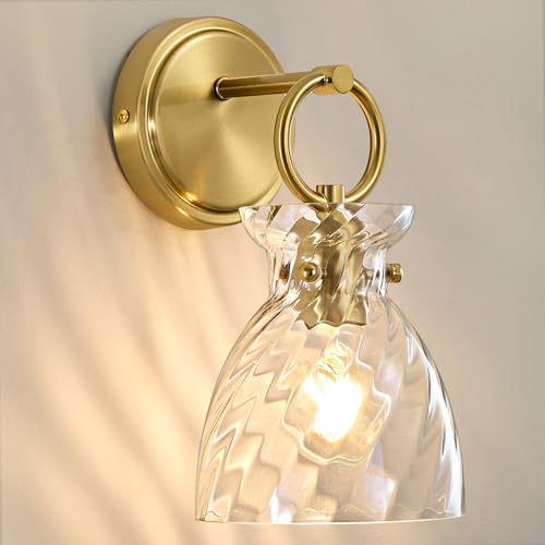 Image of Gold Wall Sconce 1-Light 6 Inch Clear Striped Glass Shade | Farmhouse Vanity Light Fixtures, Hardwired Wall Mount, Modern Wall Lights for Bathroom, Living Room, Mirror, Kitchen