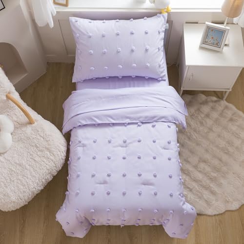 Image of Caressma 5 Pieces Tufted Comforter Set Bed-in-a-Bag for Kids with Lovely Purple Pompom On The Comforter.Includes Comforter,Fitted Sheet,Flat Sheet,Pillow Case & Pillow Shame for All Seasons