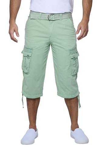 X RAY Men's Belted Long Cargo Shorts for Men, Below Knee Length Mens Cargo Shorts, 3/4 Pants (Big and Tall Shorts for Men) Pastel Green 28