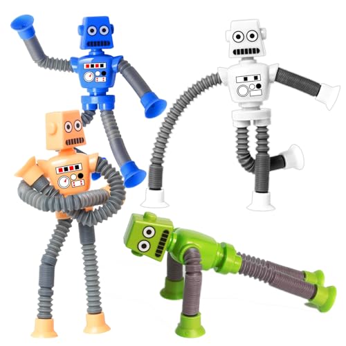 YAYOSUE 4PCS Telescopic Robot Suction Cup Toy, Shape Changing Tube Fidget Toys, Travel Toys Gift Basket Stocking Stuffer for Kids