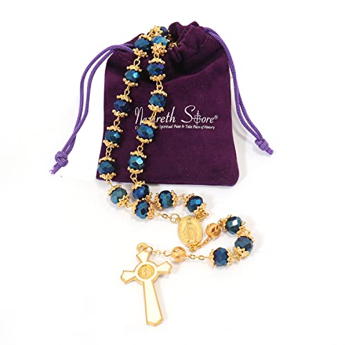 Nazareth Store St. Benedict Deep Blue Crystal Beads Rosary Prayer Necklace Golden Miraculous Medal & Gold Enamel Cross4