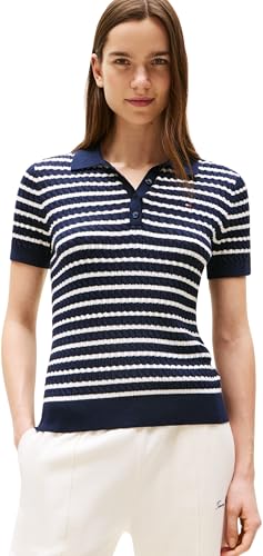 Tommy Hilfiger Polo de Manga Corta Mujer Cable Sweater con Botones, Multicolor (Dark Night Navy/Ivory Silk STP), S