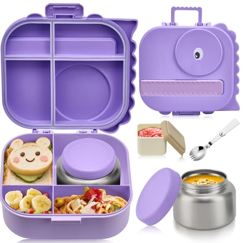 Image of Pawtong Bento Lunch Box with Thermo, 4-Compartment Bento Box with Adjustable Dividers, Leakproof Dinosaur Lunch Box with 14.2OZ Insulated Food Jar & Sauce Jar, for School Office Travel (Purple)