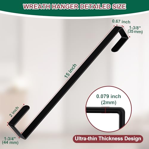 Image of 15 inch Reversible Wreath Hanger for Front Door, Fits Most Doors up to 1-3 /4 inch | Heavy-Duty Steel Over The Door Hooks up to 80 LBS for Daily Holiday Halloween & Christmas Wreaths, Door Decor, Black, 1 PC