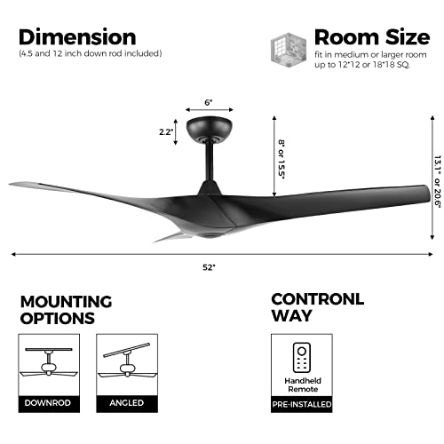 Acoz 52" Dc Ceiling Fan No Lights With Remote Control, Matte Black Ceiling Fans With 3 Abs Plastic Blades, Indoor Ceiling Fan Without Lights For Kitchen Bedroom Living Room #TOP2