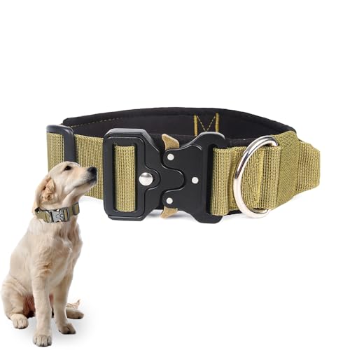 BJEBWAL Polizei Hundehalsband Polizei – Taktisches Hundehalsband mit Griff, 1000D Nylon, Metall-D-Ring für Diensthunde (Kaki, XL)