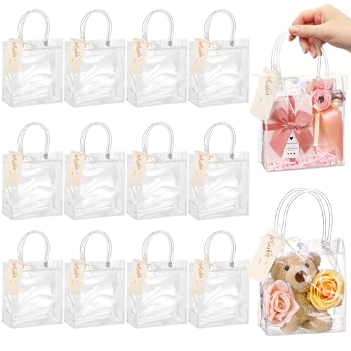HairChrysm 12 Pack Clear Gift Bags with Handles 5.1 L x 2.75 W x 5.9 H - Small Plastic Party Favors Bags for Wedding Birthday Baby Shower Includes Gift Tags & Ribbon Candy Tote Goodie Bag Bulk