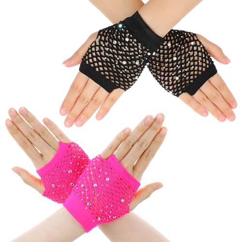 Lusofie 2 Pairs Fishnet Gloves Fingerless with Rhinestone for Kids Women Girls Short Fingerless Gloves for 80s 90s Halloween Party (Hot Pink + Black)