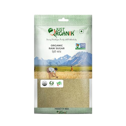 Image of JUST ORGANIK- Organic Raw Sugar 2kg (2 x 1kg) | Desi khand | Raw & Unrefined Sugar |Khandsari sugar | Pack of 2 | Raw Sugar 2Kg | 100% Organic | USDA Certified | Unprocessed Sweetner | Organic Sugarcane juice |Sugar