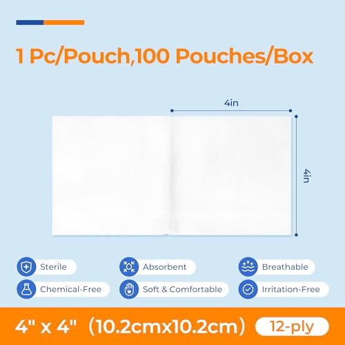 Image of 100 Pack Sterile Gauze Pads 4x4 Inch 12-Ply, 100% Cotton Large Gauze Sponges for Wound Care, Highly Absorbent Bulk Hospital-Grade First Aid & Surgical Dressing