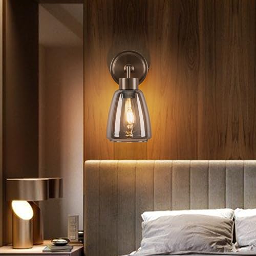Image of Smoked Gray Glass Wall Light Dia 6 inch Wall Lamp with Glass Shade Vintage Vanity Lighting Fixture with Metal Base Flush Mount Wall Sconce 1-Light for Bathroom, Bedroom, Bedside, Entryway