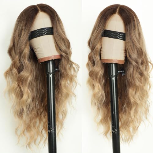 Image of AISI HAIR Ombre Blonde Wig for Women, Long Wavy Synthetic Lace Wig 26Inch | Lace Hairline,Middle Part,Heat Resistant Wig,Daily Party,Natural-Looking,Adjustable Cap,Beginner Friendly,Soft Silky Texture