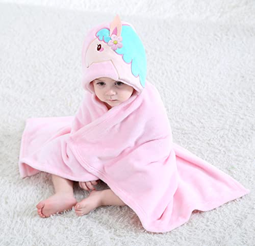 Image of TONWHAR 0-4 Years Toddlers' And Kids' Boys Girls Animal Face Hooded Blanket Baby's Bathrobe,Unisex Baby Plush After Bath Blanket(Pink Horse)