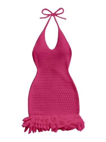 Image of GORGLITTER Women's Vacation Outfit Crochet Halter Knit Bubble Mini Dress Sexy Beach Cruise Summer Miami Resort Outfits