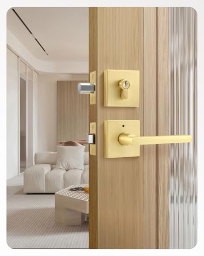 Leydebong Gold Door Handle Set with Single Cylinder Deadbolt