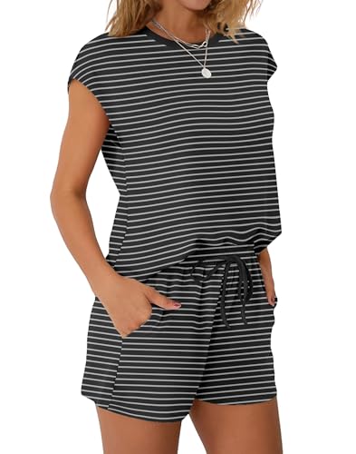 Image of WIHOLL Two Piece Sets for Women Summer Crew Neck Lounge Short Sets Cap Sleeve Drawstring Sweatsuit with Pocket