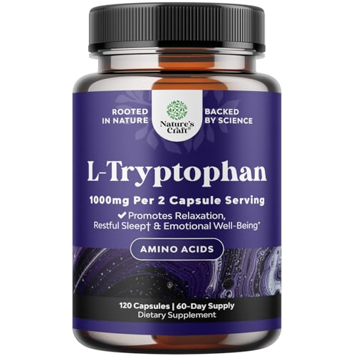 L-Tryptophan Capsules 1000mg per Serving - L Tryptophan Supplement for Sleep Promotes Relaxation & Emotional Well-Being for Women & Men - Potent Pure Mood Support Supplement for Adults - 120 Count