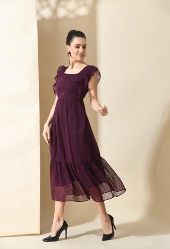 Image of IUGA Georgette Jacquard Butti Square Neck Knee Length Western Dresses for Women
