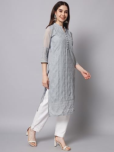 Image of Ekasya Women's Georgette Embroidered Work Kurta with Notch Neck 3 /4 Sleeves Straight Cut Calf Length | E1547