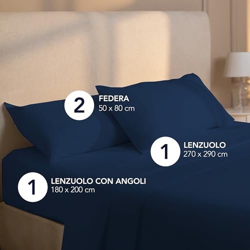Dreamzie Lenzuola Matrimoniali 180x200 cm - Completo Lenzuola 4 Pezzi in Microfibre - Lenzuolo con Angoli - Lenzuola Sopra - 2 Federa 50x80 - Lenzuola Matrimoniali 180x200cm Blu Scuro - 2