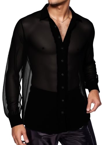 AIEOE Herren Langarm Hemd Leicht Durchsichtiges Unterhemd Muskel Sexy T-Shirt M