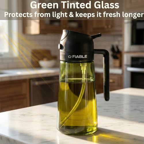 Image of FiABLE Premium Glass Oil Sprayer for Cooking - 100% Food Grade Dark Green Glass Bottle for Airfryer, Salads, BBQ, Grill & Healthy Cooking - 2in1 function - 470ml - Oil Sprayer