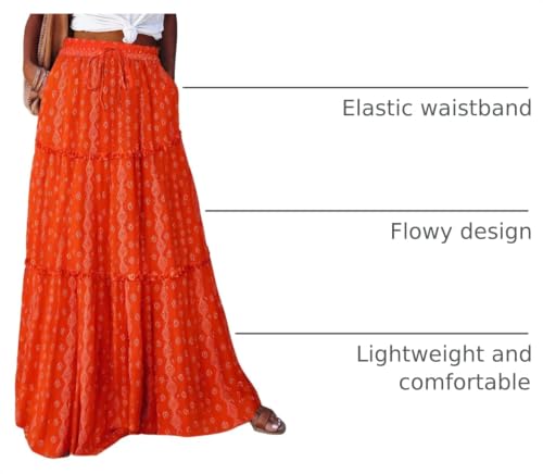 Image of Happy Sailed Womens Floral Print Boho Maxi Skirt Elastic High Waist Pleated Ruffle Flowy Long Skirts S-XL