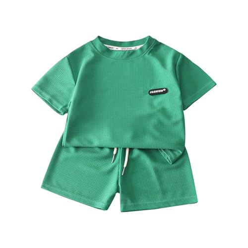 Boys Sports Shorts Sets 𝗪affle Short Sleeve Tops+Elastic Waist Shorts 2Pcs Set Toddler Boys Summer Loose Activewear