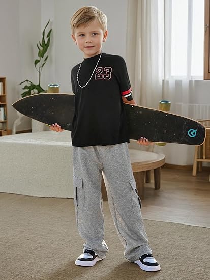 Ltvoo Boy's Baggy Cargo Pants Workout Sweatpants with Pockets Elastic Waist Loose Trousers Casual Pants for 7-14Y (11-12 Years) Grey