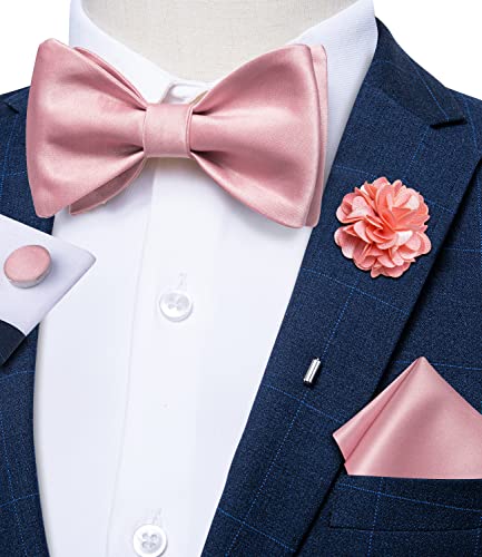 Image of DiBanGu Solid Color Bow Ties for Men Formal Satin Self Tied Bowtie with Lapel Pin Pocket Square Cufflinks for Wedding Party