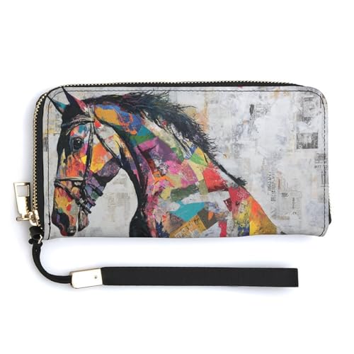 Horse Collage Newspaper Graffiti PU Leather Clutch Long Bifold Wallet, Coin Purse Credit Pass Case, Durable Card-Holder Money Storage for Women Men