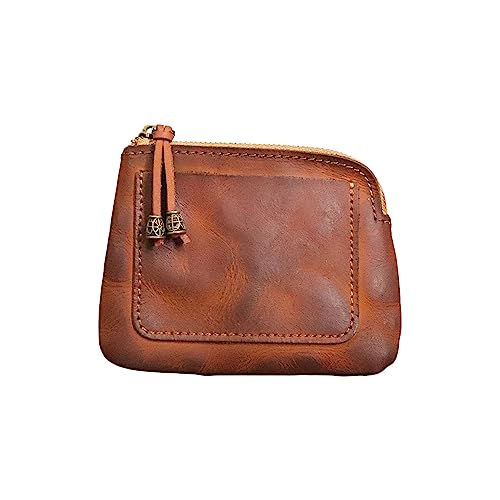 Brown Vintage Leather Coin Purse, Unisex-Adult, Oval, Zipper Brown Vintage Leather Coin Purse, Unisex-Adult, Oval, Zipper