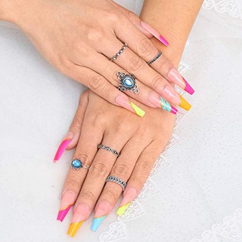 Sethexy Long Nude Pink Ballerina False Nail Multi Color Bling Coffin Fake Nails Press on 24Pcs Acrylic Art Nail Tips For Women and Girls