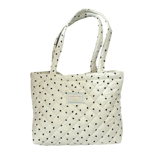 JINQIGG Bolsa acolchada ligera con detalles de corazón a cuadros, espaciosa, bolsa de tela de poliéster para uso diario, Corazón negro.
