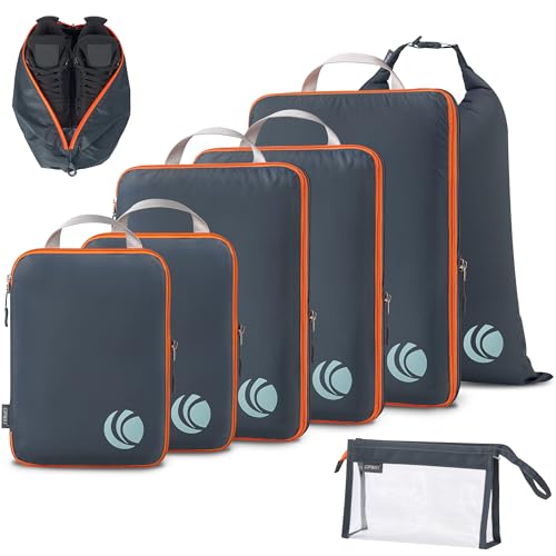 Cipway Cubos de compressão, organizadores de bagagem de viagem leves com bolsa de sapatos, bolsa de higiene pessoal e bolsa de lavanderia, itens essenciais de viagem para mala de mão (8 peças, cinza)