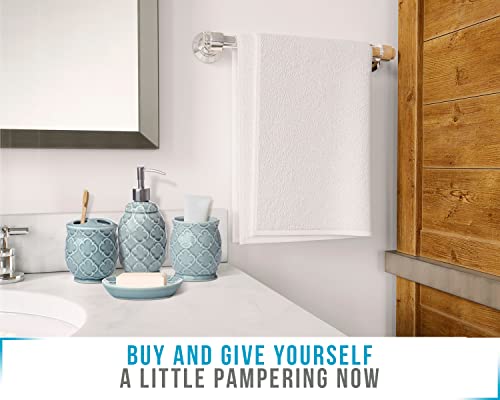Designer 4-Piece Bathroom Accessory Set – Ceramic Bath Set W/ Liquid Soap Or Lotion Dispenser, Toothbrush Holder, Tumbler And Soap Dish – Decorative Set W/ Embossed Details – Modern Vanity Accessories #TOP4
