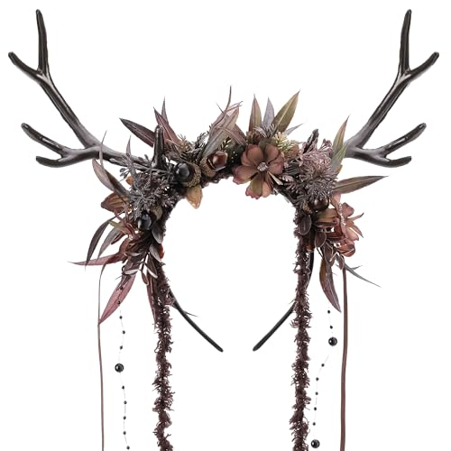 MOSTORY Flower Reindeer Headband for Women - Floral Antler Headpiece Woodland Deer Horns Hairband for Renaissance Cosplay