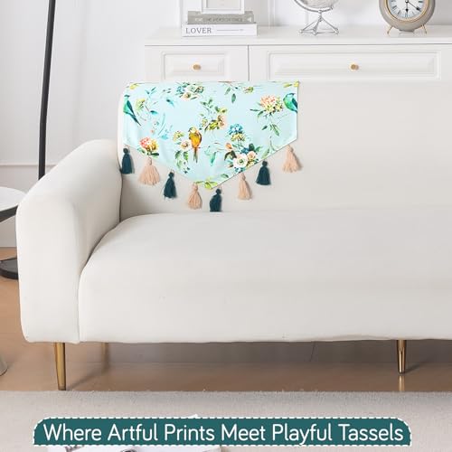 Image of HOKIPO Premium Sofa Backrest Cover Mat | Printed Holland Velvet with Tassels | 'Whispers of Nature' Mint Birdsong Blossom (IN-1116-D3)