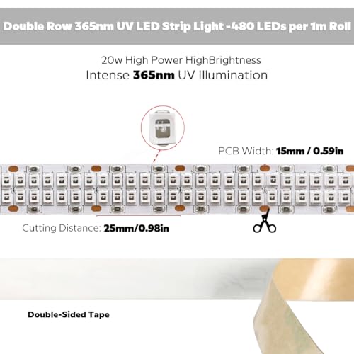 Tira de LED UV 365nm 1m 480 LEDs Doble Fila 20W miniatura 2