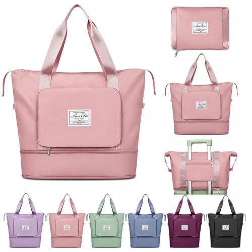 Image of JD Fresh 41 Liter Foldable Travel Bags for Women /Nylon Duffle Bags /Expandable Vanity Travelling Luggage Handbags /Waterproof & Lightweight Shopping Bag for Personal Items (Pink)