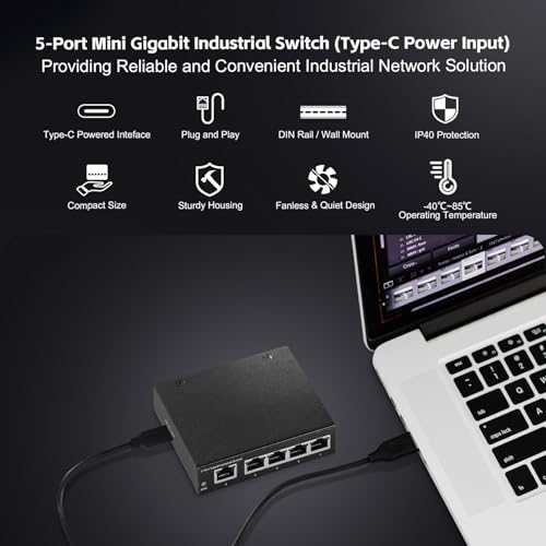Image of MokerLink 5 Port Gigabit Industrial DIN-Rail Ethernet Switch, Mini Size, Type-C Powered, Fanless LAN Splitter Hub, Unmanaged IP40 Network Switch (-40 to 185F), 10Gbps Capacity