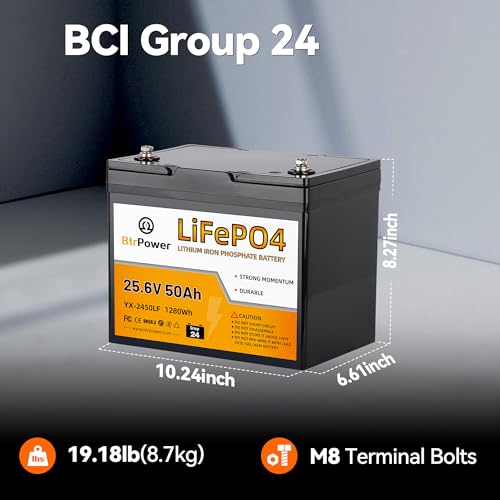 Image of 24V 50Ah LiFePO4 Lithium Battery, Low-Temp Cutoff Protection, 24 Volt 50Ah Group24 Lithium Battery Built-in 50A Smart BMS, 1280Wh for Trolling Motor, Marine, Camping and Home Storage