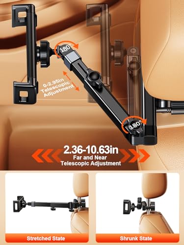 Image of Car Headrest Tablet Stand, Extension Arm Mount for 4.7-12.9 inch Tablets, Compatible with iPad Pro, Air, Mini, Galaxy, Fire | Adjustable Extension Arm & 360 Rotating Clamp with Anti-Slip Pads,Metal Rod Easy Install on Headrest Poles,for Backseat Kids