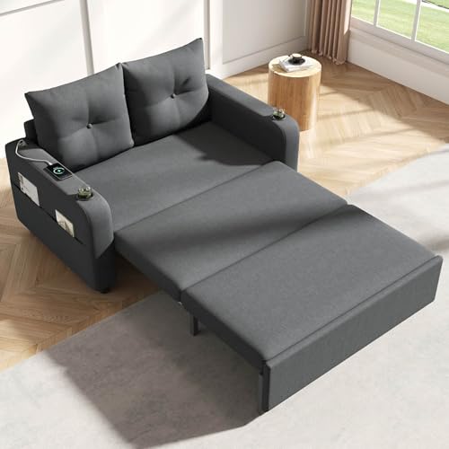 YEHTOKHOME Sofá multifuncional con 2 portavasos, puertos USB y tipo C, moderno sofá cama plegable con 2 cojines, bolsillos laterales y función de dormir, para salas de estar (Gris)