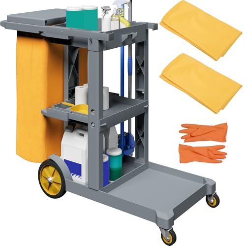 YITAHOME Cleaning Carts on Wheels, Janitorial Cart, 3-Shelf Commercial Traditional Plastic Housekeeping Cart, with 2 Yellow 25 Gallon Vinyl Bag and Pa