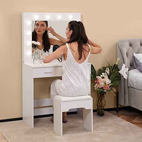 TUKAILAI witte kaptafelset met verstelbare ledlampen, spiegel, 2 grote laden en kruk - Image 4