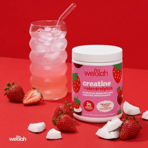 Image of Wellah Creatine + Electrolytes Powder (Strawberry Coconut) 30 Servings | Hydration Drink Mix with 3g of Creatine Monohydrate